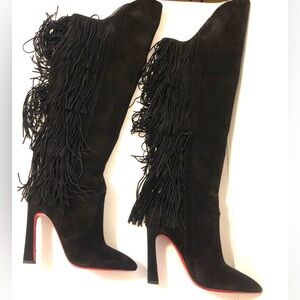 Christian Louboutin LIONNE 100 Suede Fringe Over the Knee High Boots